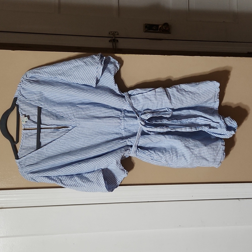 J Crew Womens Striped Short Sleeved V Neck Tied Waist Romper Blue White Size XXL